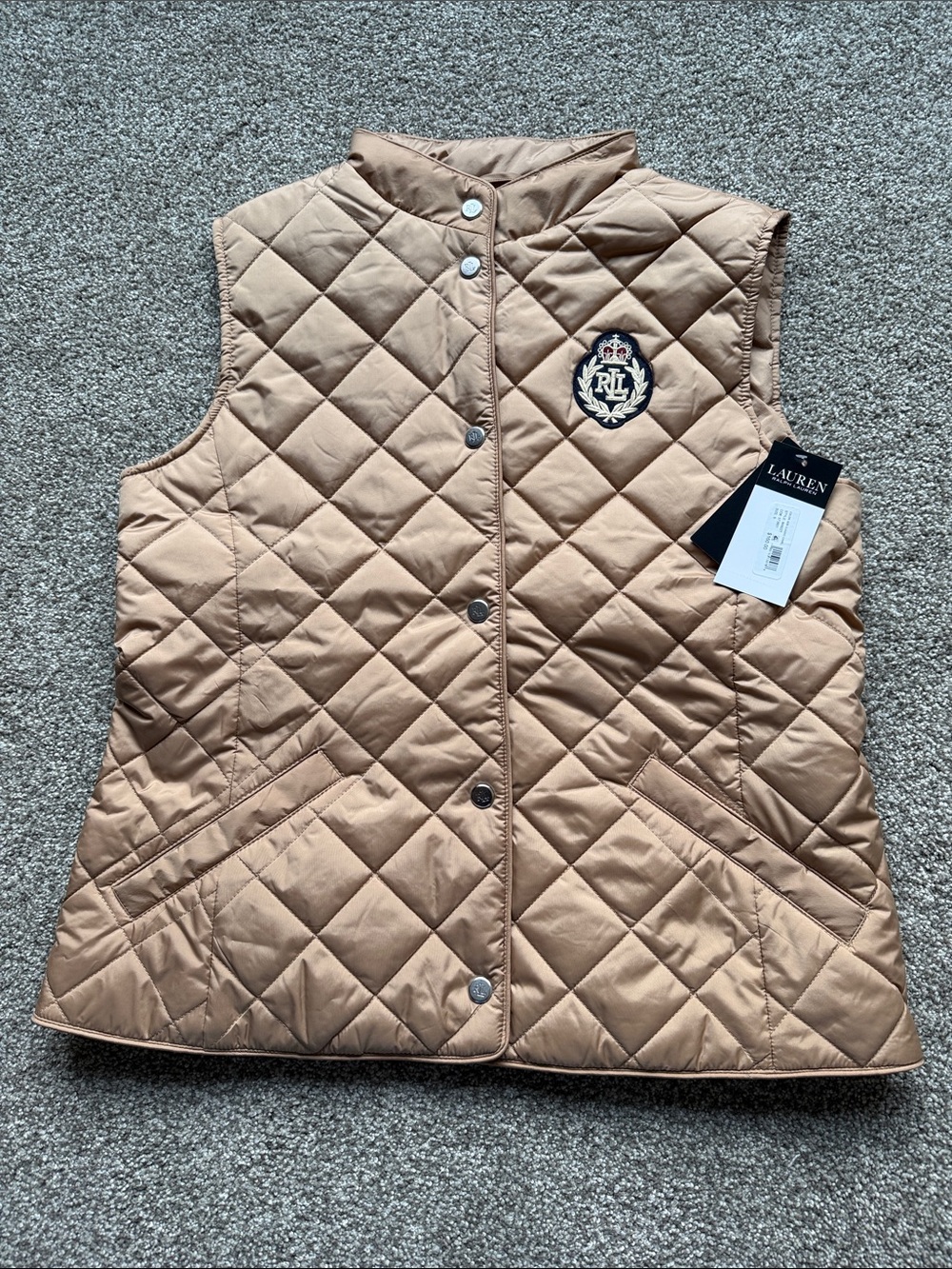 NWT, Women’s, Lauren Ralph Lauren Quilted Camel Sleeveless Vest, S
